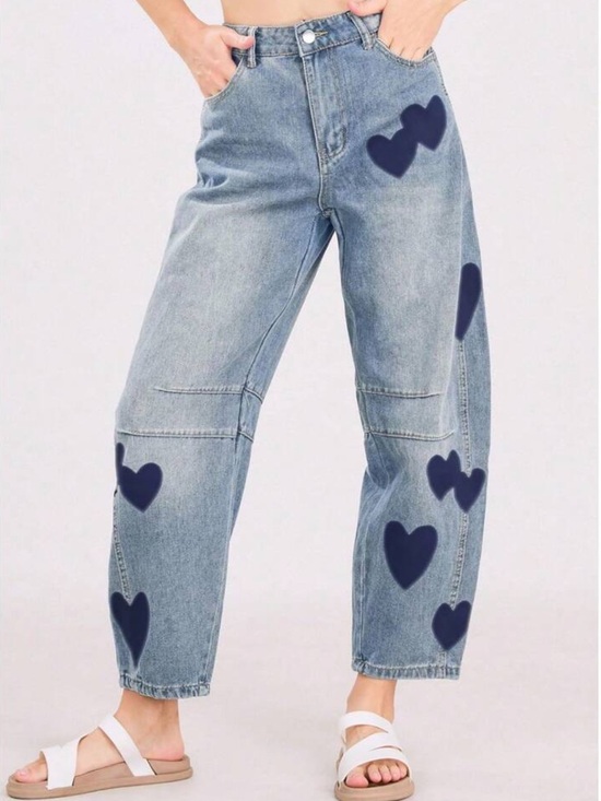 Denim - Heart Printed Barrel Jeans